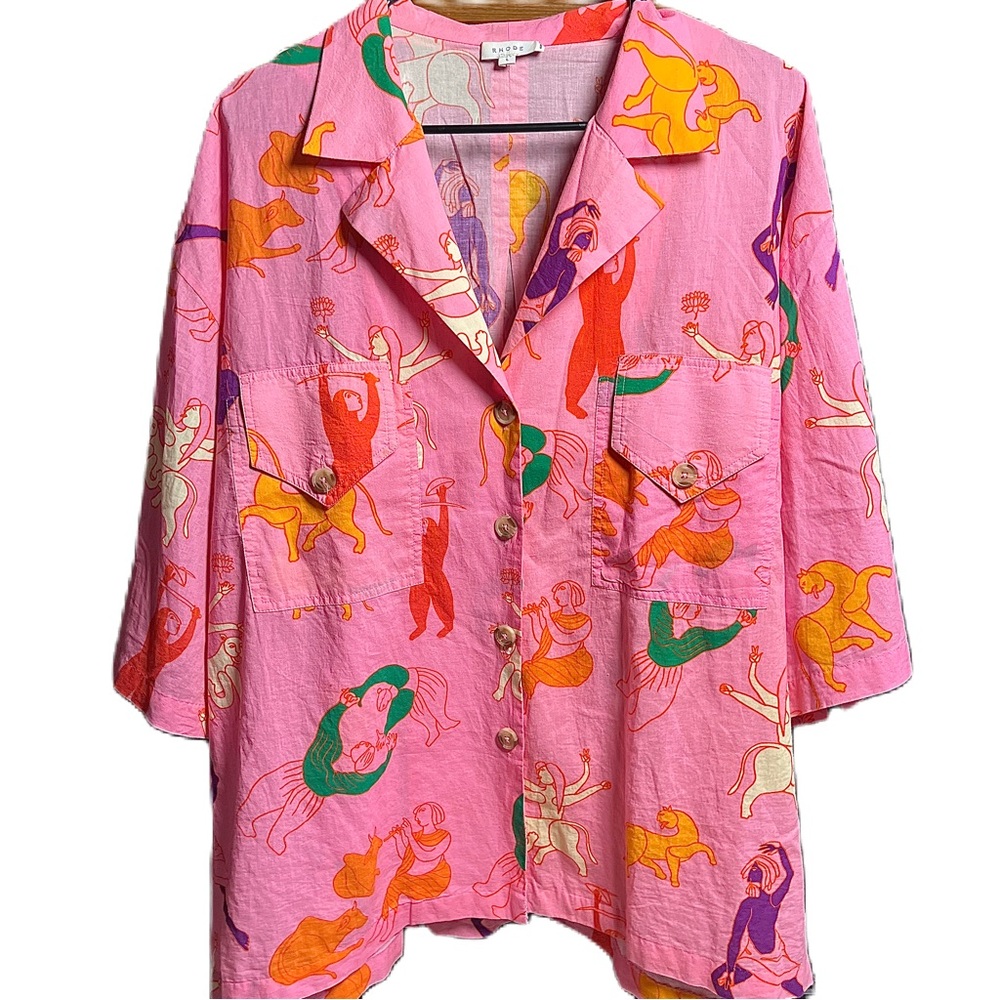 RHODE Pink Shirt with Multicolor Indian Contemporary Motifs.  Oversized L.